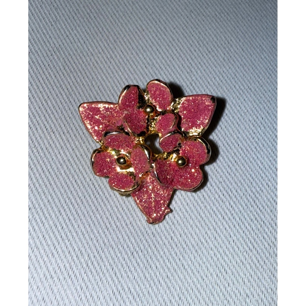 Vintage Pink Glitter Floral Brooch Gold Tone Flower Cluster Pin Accessory‎